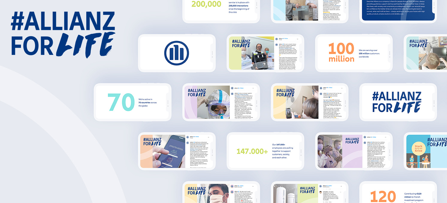 Social media posts overview of Allianz for Life projects are shown on smartphones