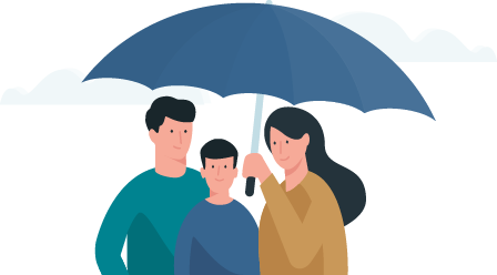 Illustration: Family (father, son, mother). Mother is holding an umbrella above all members